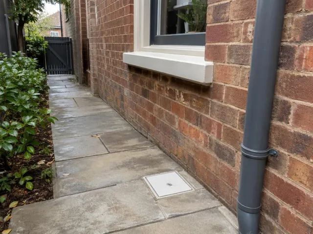 Outdoor paved side path with a drain grate beside a brick wall and window in Woollahra