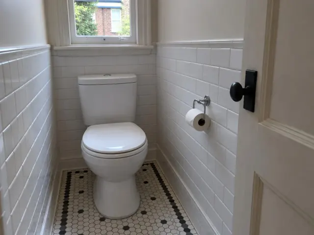 Clean white toilet in a narrow tiled bathroom with hex tile floor in Double Bay
