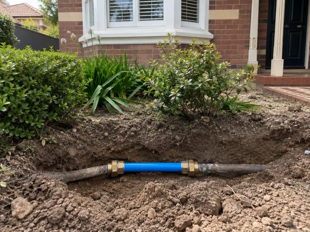 Excavated front garden soil with repaired water pipe section beside a brick house in Bellevue Hill