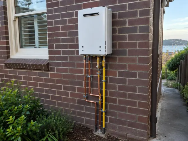 Outdoor hot water unit mounted on a brick wall with copper and yellow pipework beside a side path in Vaucluse